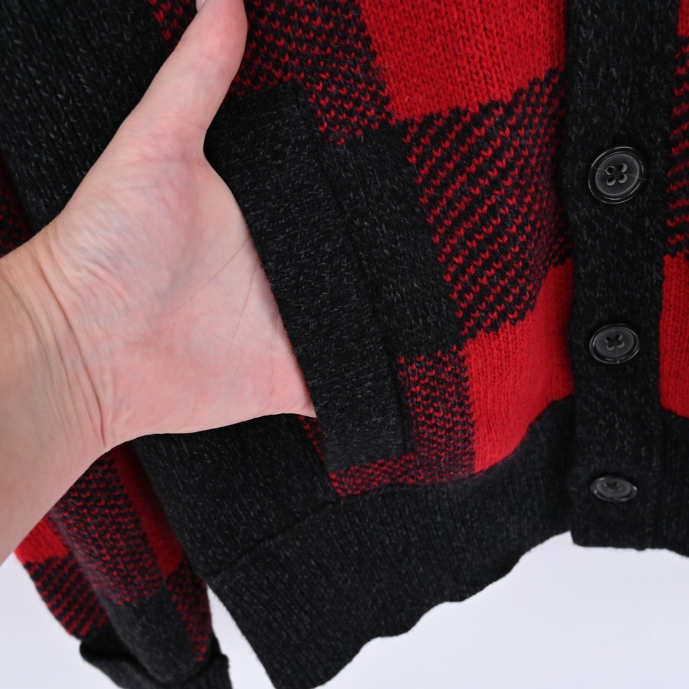 Banana Republic Buffalo Plaid Shawl Collar Cardigan Mens Large Red Black Merino - Picture 6 of 14